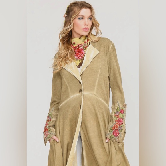 Aratta Floral Embroidered Trench Coat in Tan - Picture 2 of 12